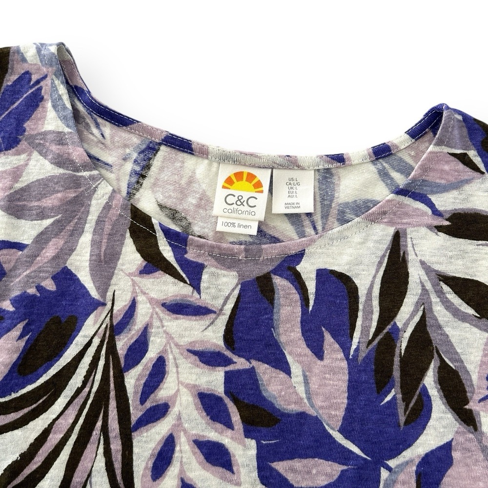 C & C California Large Purple Multicolor 100% Linen Short Cap Sleeves Top NWOT - Picture 4 of 11